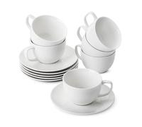 BTaT- Cappuccino Cups with Saucers 6 oz, Set of 6, White Porcelain Coffee Cup and Saucer Set for Latte, Mocha, Tea, Au Lait, Flat White, Dishwasher, Microwave, Freezer and Oven Safe