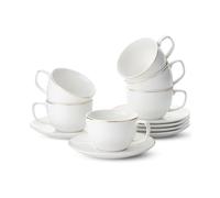 BTaT- Cappuccino Cups with Saucers 6 oz, Set of 6, White Porcelain Coffee Cup and Saucer Set for Latte with Golden Trim Design, Dishwasher Safe, Mocha, Tea, Au Lait, Flat White