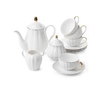 BTaT- Classic tea set, 13 pcs, Tea Cups (7oz), Tea Pot with Stainless Steel Infuser (32oz), Creamer and Sugar Set, Porcelain Tea Set, White Tea Set, Tea Pot Sets with Cups