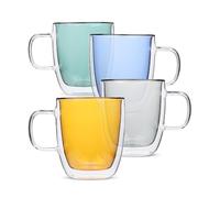 BTaT- Colored Double Walled Glass Coffee Mugs, Set of 4 (12oz, 350ml), Assorted Colors, Colorful Coffee Cups, Insulated Coffee Mug, Double Wall Glass Coffee Cups, Tea Cups