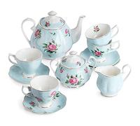 BTaT- Floral Tea Sets for Adults, 13 pcs, Service for 4, Pot (38 oz) & Cups (8 oz) with Saucers, Pastel Blue Floral Design, Porcelain Tea Set for Adult, Dishwasher Safe
