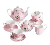 BTaT- Floral Tea Sets for Adults, 13 pcs, Service for 4, Pot (38 oz) & Cups (8 oz) with Saucers, Pastel Pink Floral Design with Gift Box, Porcelain Tea Set for Adult, Mother's Day Gift