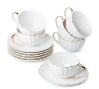BTaT- Tea Cups and Saucers Set of 6 (7 oz) With Gold Trim, Cappuccino, Coffee, White Porcelain Set, British Style, Latte Cups
