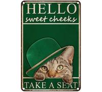 Btbaspa Funny Tin Sign - Irish Tabby Cat Hello Sweet Cheeks Take A Seat - Cafe Bar Home Wall Art Decoration Retro Metal Tin Sign 8X12 Inch