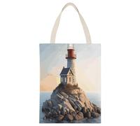 BTCOWZRV 3D Seaside Lighthouse Canvas Tote Bag, Reusable Grocery Bags with Long Handles, Easy to Carry for Gift Shopping Work