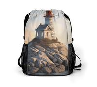 BTCOWZRV 3D Seaside Lighthouse Drawstring Backpack, Sports Gym Bag with Bottom Pocket And Mesh Pockets, String Bag for Men Women