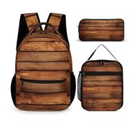 BTCOWZRV 3PCS Backpacks Set Large Capacity Multifunction Brown Wooden Laptop Backpack with Lunch Bag Pencil Case Trendy Backpack And Pen Bag 3 in 1 Set Travel Daypack Gifts, Style, One Size, Daypack,