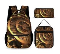 BTCOWZRV 3PCS Backpacks Set Large Capacity Multifunction Cool Steampunk Gears Laptop Backpack with Lunch Bag Pencil Case Trendy Backpack And Pen Bag 3 in 1 Set Travel Daypack Gifts, Style, One Size,