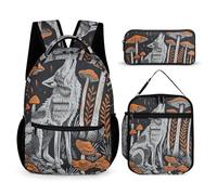 BTCOWZRV 3PCS Backpacks Set Large Capacity Multifunction Wolf And Mushroom Laptop Backpack with Lunch Bag Pencil Case Trendy Backpack And Pen Bag 3 in 1 Set Travel Daypack Gifts, Style, One Size,