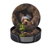 BTCOWZRV 6 Pcs A Little Yorkshire Terrier Drink Coasters with Holder Leather Coaster Coffee Cup Pad Drinking Cup Mat Set Coffee Table Drinks Coasters for Modern Home Decor,4 Inches