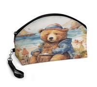 BTCOWZRV A Bear on The Beach Curved Makeup Bag, Large Capacity PU Leather Cosmetic Bag, Portable Zipper Toiletry Bags for Women