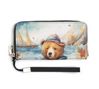 BTCOWZRV A Bear on The Beach PU Leather Clutch Wallet for Women, Large Capacity Wristlet Wallet with Zip & Removable Hand Strap