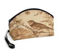 BTCOWZRV A Bird in The Field Curved Makeup Bag, Large Capacity PU Leather Cosmetic Bag, Portable Zipper Toiletry Bags for Women