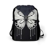 BTCOWZRV A Black And White Butterfly Drawstring Backpack, Sports Gym Bag with Bottom Pocket And Mesh Pockets, String Bag for Men Women
