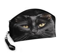 BTCOWZRV A Black Cat on A Black Background Curved Makeup Bag, Large Capacity PU Leather Cosmetic Bag, Portable Zipper Toiletry Bags for Women