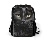 BTCOWZRV A Black Cat on A Black Background Drawstring Backpack, Sports Gym Bag with Bottom Pocket And Mesh Pockets, String Bag for Men Women