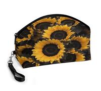BTCOWZRV A Bouquet of Black Sunflowers Curved Makeup Bag, Large Capacity PU Leather Cosmetic Bag, Portable Zipper Toiletry Bags for Women