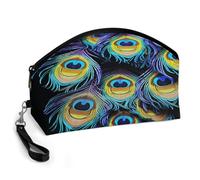 BTCOWZRV A Bunch of Peacock Feathers Curved Makeup Bag, Large Capacity PU Leather Cosmetic Bag, Portable Zipper Toiletry Bags for Women