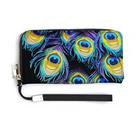 BTCOWZRV A Bunch of Peacock Feathers PU Leather Clutch Wallet for Women, Large Capacity Wristlet Wallet with Zip & Removable Hand Strap