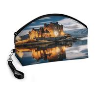 BTCOWZRV A Castle by The Lake Curved Makeup Bag, Large Capacity PU Leather Cosmetic Bag, Portable Zipper Toiletry Bags for Women