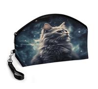 BTCOWZRV A Cat in A Nebula Curved Makeup Bag, Large Capacity PU Leather Cosmetic Bag, Portable Zipper Toiletry Bags for Women