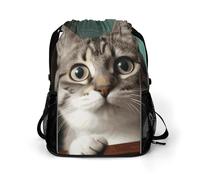 BTCOWZRV A Curious Cat Drawstring Backpack, Sports Gym Bag with Bottom Pocket And Mesh Pockets, String Bag for Men Women