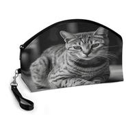 BTCOWZRV A Gray Cat Curved Makeup Bag, Large Capacity PU Leather Cosmetic Bag, Portable Zipper Toiletry Bags for Women