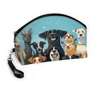 BTCOWZRV A Large Group of Dogs on A Blue Background Curved Makeup Bag, Large Capacity PU Leather Cosmetic Bag, Portable Zipper Toiletry Bags for Women