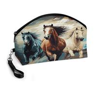 BTCOWZRV A Pattern with Horses As A Background Curved Makeup Bag, Large Capacity PU Leather Cosmetic Bag, Portable Zipper Toiletry Bags for Women