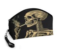 BTCOWZRV A Skeleton with Burning Cigarette Curved Makeup Bag, Large Capacity PU Leather Cosmetic Bag, Portable Zipper Toiletry Bags for Women