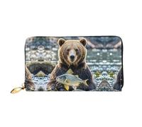BTCOWZRV Bear Holding Fish Leather Wallet for Women Long Coin Purse Ultra Slim Credit Cards Holder Bifold Clutch