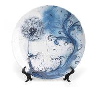 BTCOWZRV Blue Ink Painting Style Ceramic Decorative Plate Bone China Decorative Plates with Display Stand Dinner Plates Art Crafts Ceramic Ornaments for Wall Hanging Decoration