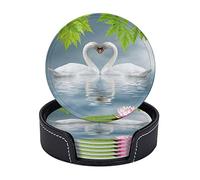 BTCOWZRV Coasters for Drinks Set of 6 Leather Coasters with Holder Two Swans Drinks Coaster Round Cup Mat for Tabletop Protection Cup Mat Set for Home Decor 4 Inch