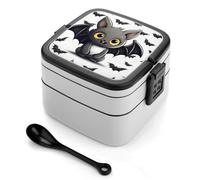 BTCOWZRV Cute Bat Bento Box with Compartments Double Layer Bento Lunch Box with Spoon And Handle All-in-One Adult Lunchbox Leakproof Lunch Container for Work Picnic Travel