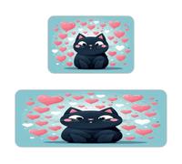 BTCOWZRV Cute Heart Cat Kitchen Mats Kitchen Rugs Standing Mat | Anti-pilling Flannel Floor Mat with Non Slip Bottom Washable Absorbent Kitchen Mat for Home Sink Laundry 17"x47"+16"x24"