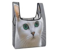BTCOWZRV Cute White Cat Reusable Grocery Bag Foldable Shopping Bag