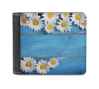BTCOWZRV Daisy Flowers Blue Wooden Slim Wallets for Men Bifold Wallet