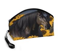 BTCOWZRV Dark Horse Under The Sunflowers Curved Makeup Bag, Large Capacity PU Leather Cosmetic Bag, Portable Zipper Toiletry Bags for Women