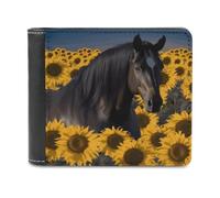 BTCOWZRV Dark Horse Under The Sunflowers Slim Wallets for Men Bifold Wallet | PU Leather Wallet Travel Wallets with Cash Compartment Portable Pocket Wallet for Husband Dad Boyfriend