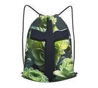 BTCOWZRV Drawstring Backpack Woemn Men Sports Gym Sack Lightweight Drawstring Bags Black Cross Among Green Flowers Cinch Bag Sackpack For Work Swim Travel