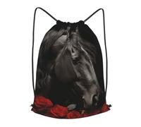 BTCOWZRV Drawstring Backpack Woemn Men Sports Gym Sack Lightweight Drawstring Bags Black Horse On A Background Of Red Roses Cinch Bag Sackpack For Work Swim Travel