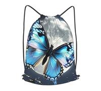 BTCOWZRV Drawstring Backpack Woemn Men Sports Gym Sack Lightweight Drawstring Bags Blue Butterfly And Moon Cinch Bag Sackpack For Work Swim Travel
