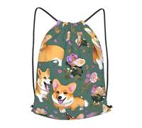 BTCOWZRV Drawstring Backpack Woemn Men Sports Gym Sack Lightweight Drawstring Bags Corgi Floral Flowers Cinch Bag Sackpack For Work Swim Travel, Black, M