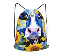 BTCOWZRV Drawstring Backpack Woemn Men Sports Gym Sack Lightweight Drawstring Bags Cow With Sunflowers In Blue Cinch Bag Sackpack For Work Swim Travel