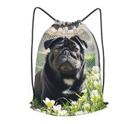 BTCOWZRV Drawstring Backpack Woemn Men Sports Gym Sack Lightweight Drawstring Bags Cute Black Pug Dogs Cinch Bag Sackpack For Work Swim Travel