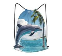 BTCOWZRV Drawstring Backpack Woemn Men Sports Gym Sack Lightweight Drawstring Bags Dolphins And Palm Trees Cinch Bag Sackpack For Work Swim Travel