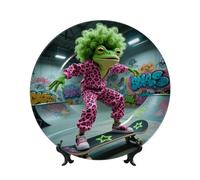 BTCOWZRV Funky Skateboard Frog Bone China Decorative Plate,7in Ceramic Decorative Plates with Display Stand,Ceramic Ornaments Art Porcelain Plate for Home Office Wall Decor Collections Plates