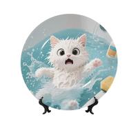 BTCOWZRV Funny Cat in Water Bone China Decorative Plate,6in（15cm） Ceramic Decorative Plates with Display Stand,Ceramic Ornaments Art Porcelain Plate for Home Office Wall Decor Collections Plates