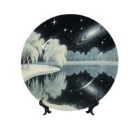 BTCOWZRV Galaxy Starry Night Bone China Decorative Plate,8in（20cm） Ceramic Decorative Plates with Display Stand,Ceramic Ornaments Art Porcelain Plate for Home Office Wall Decor Collections Plates