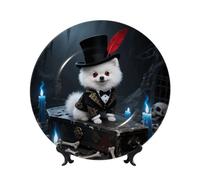 BTCOWZRV Gothic hat-wearing dog Bone China Decorative Plate,8in（20cm） Ceramic Decorative Plates with Display Stand,Ceramic Ornaments Art Porcelain Plate for Home Office Wall Decor Collections Plates